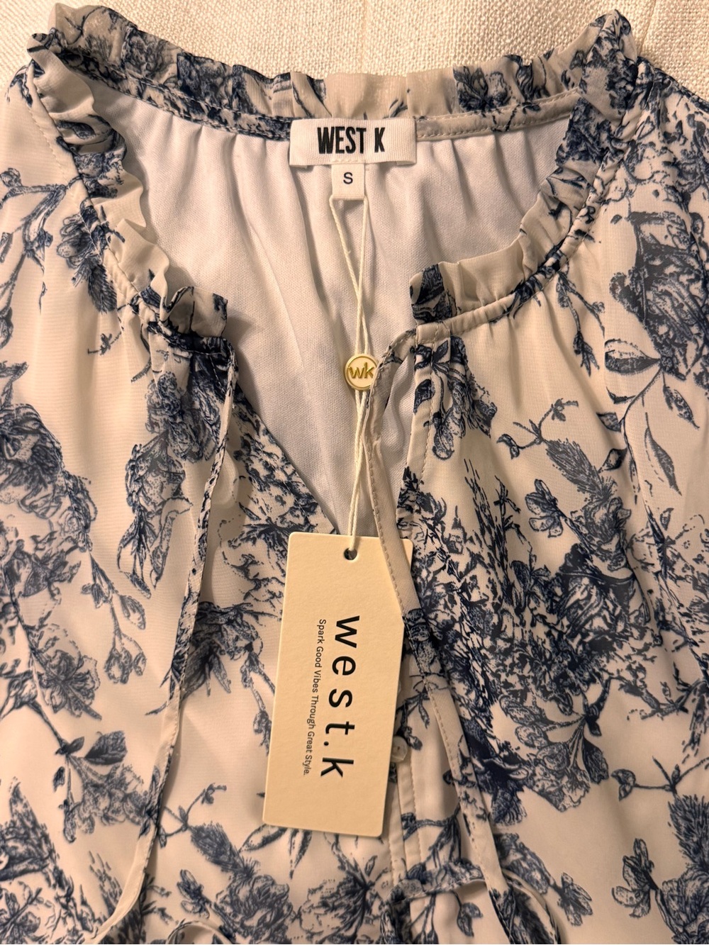 West K Women's Floral Ruffle Tie-Neck Blouse in Cream and Navy
